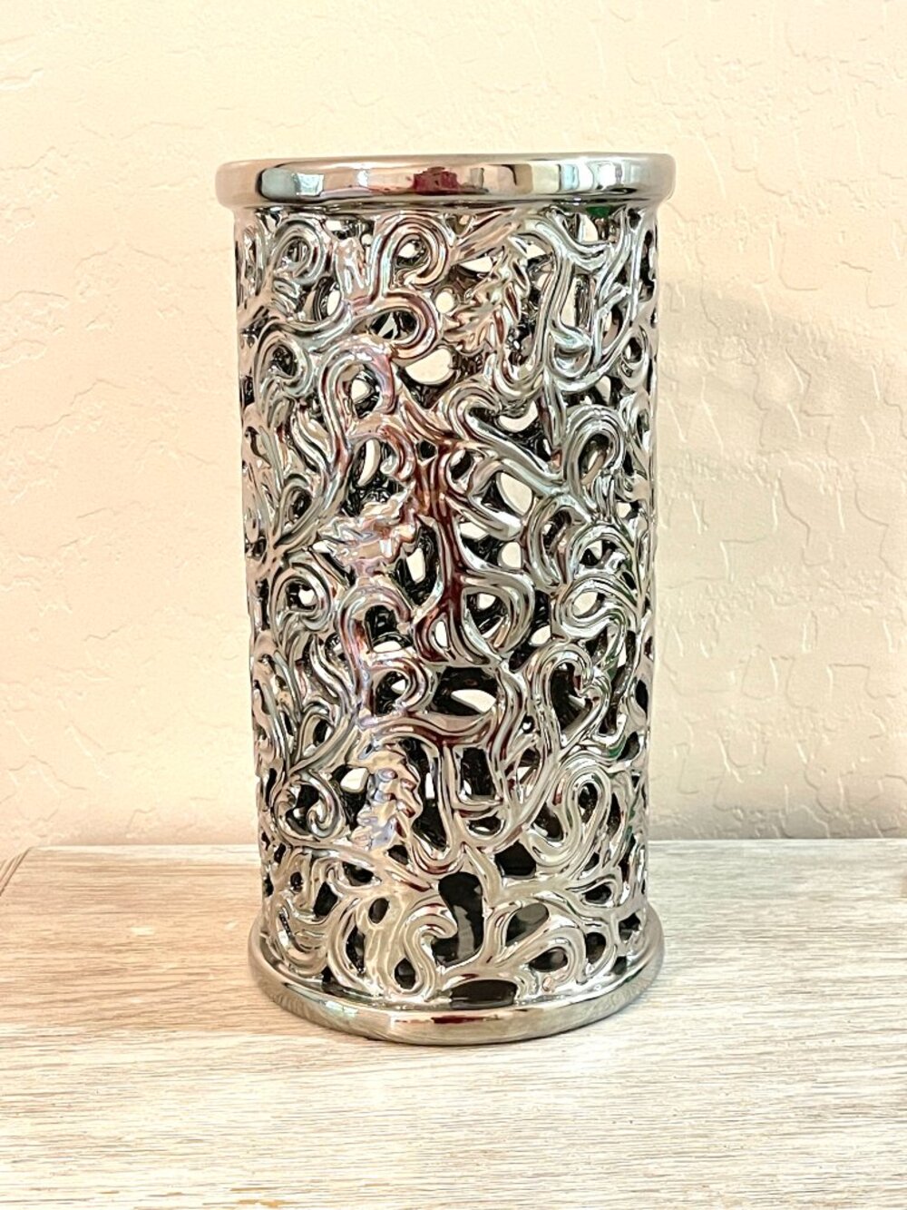 Silver Vase Open Cut Out Open Design Ceramic